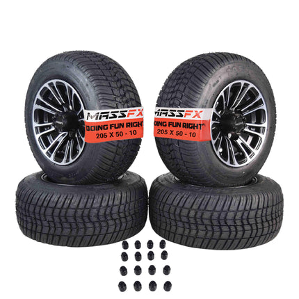MASSFX SL 205/50-10 F/R Golf Cart, QUAKE 4 Blk Wheels 10x7 4/101.6 & 16 Blk Lugs