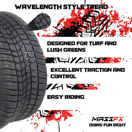 MASSFX SL 205/50-10 F/R Golf Cart, QUAKE 4 Blk Wheels 10x7 4/101.6 & 16 Blk Lugs