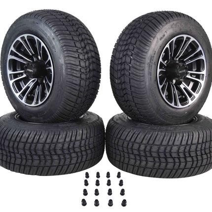 MASSFX SL 205/50-10 F/R Golf Cart Tire, QUAKE Black Wheels 10x7 4/101.6 4pk