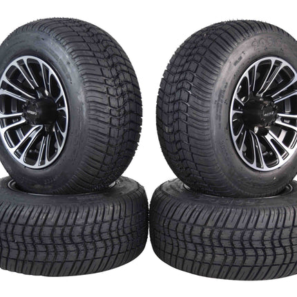 MASSFX SL 205/50-10 F/R Golf Cart Tire, QUAKE Black Wheels 10x7 4/101.6 4pk
