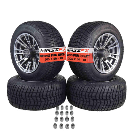 MASSFX SL 205/50-10 F/R Golf Cart, QUAKE 4 Gry Wheels 10x7 4/101.6 & 16 Chr Lugs