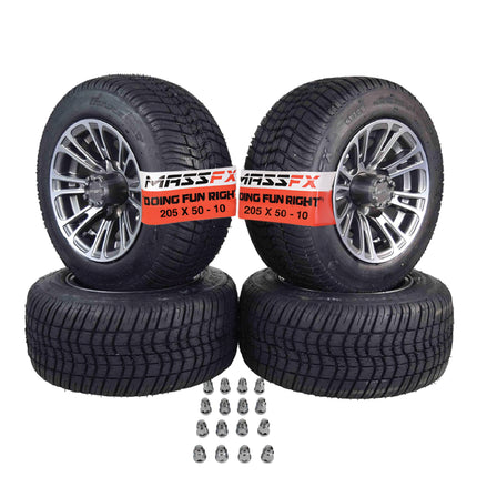 MASSFX SL 205/50-10 F/R Golf Cart, QUAKE 4 Gry Wheels 10x7 4/101.6 & 16 Chr Lugs