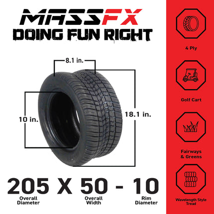 MASSFX SL 205/50-10 F/R Golf Cart, QUAKE 4 Gry Wheels 10x7 4/101.6 & 16 Chr Lugs