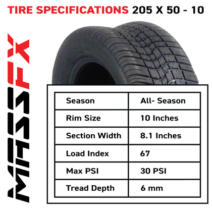 MASSFX SL 205/50-10 F/R Golf Cart, QUAKE 4 Gry Wheels 10x7 4/101.6 & 16 Chr Lugs