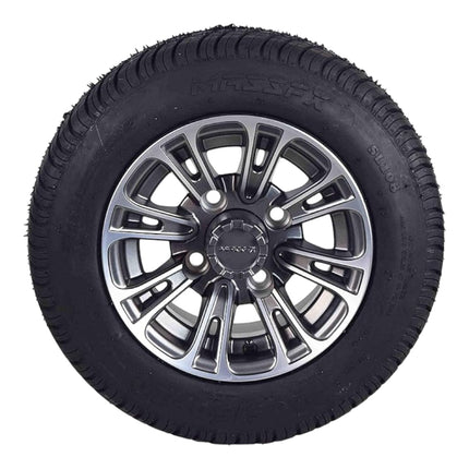 MASSFX SL 205/50-10 F/R Golf Cart, QUAKE 4 Gry Wheels 10x7 4/101.6 & 16 Chr Lugs