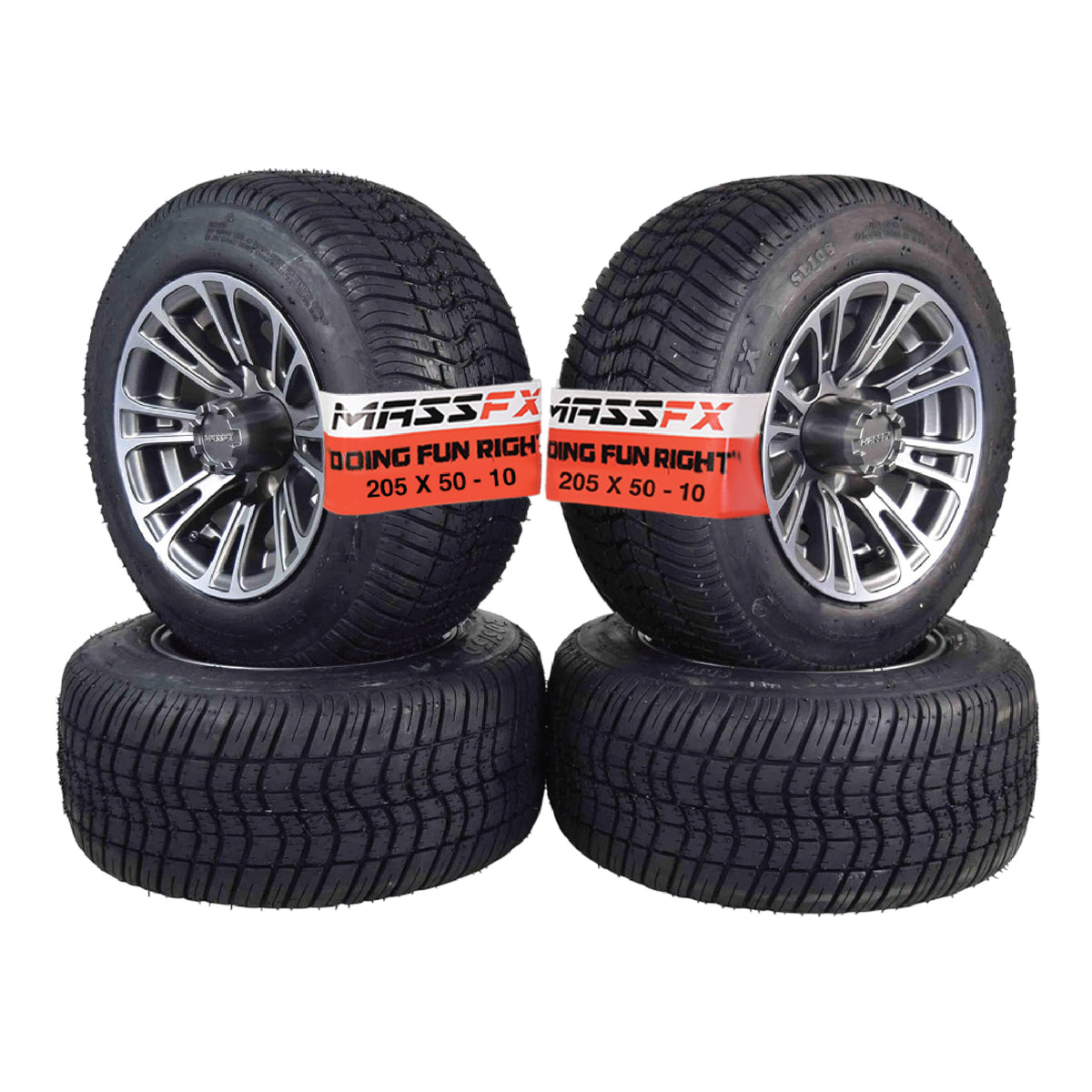 MASSFX SL 205/50-10 F/R Golf Cart Tire, QUAKE GM Grey Wheels 10x7 4/101.6 4pk