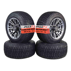 MASSFX SL 205/50-10 F/R Golf Cart Tire, QUAKE GM Grey Wheels 10x7 4/101.6 4pk