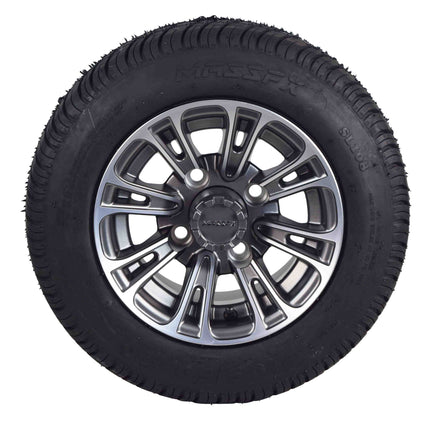 MASSFX SL 205/50-10 F/R Golf Cart Tire, QUAKE GM Grey Wheels 10x7 4/101.6 4pk