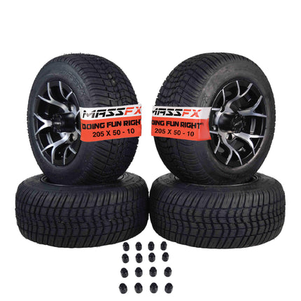 MASSFX SL 205/50-10 F/R Golf Cart, VIPER 4 Blk Wheels 10x7 4/101.6 & 16 Blk Lugs
