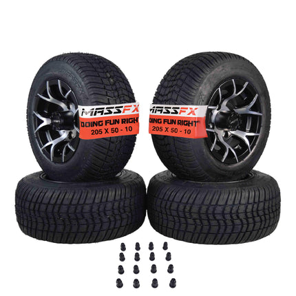 MASSFX SL 205/50-10 F/R Golf Cart, VIPER 4 Blk Wheels 10x7 4/101.6 & 16 Blk Lugs