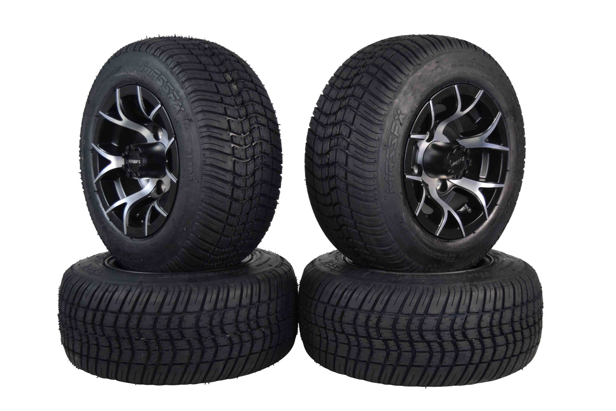 MASSFX SL 205/50-10 F/R Golf Cart Tire, PIT VIPER Black Wheels10x7 4/101.6 4pk