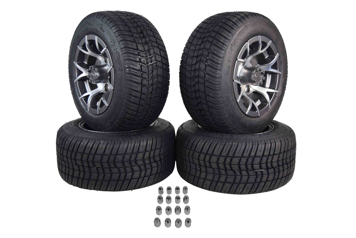 MASSFX SL 205/50-10 F/R Golf Cart, VIPER 4 GRY Wheels 10x7 4/101.6 & 16 Chr Lugs