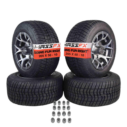 MASSFX SL 205/50-10 F/R Golf Cart, VIPER 4 GRY Wheels 10x7 4/101.6 & 16 Chr Lugs