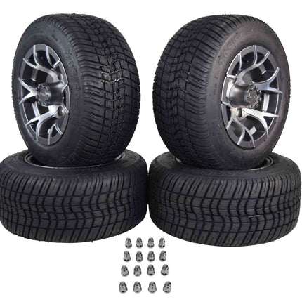 MASSFX SL 205/50-10 F/R Golf Cart, VIPER 4 GRY Wheels 10x7 4/101.6 & 16 Chr Lugs