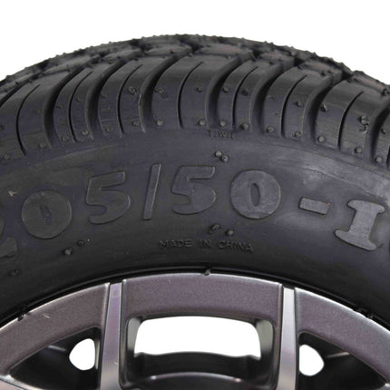 MASSFX SL 205/50-10 F/R Golf Cart, VIPER 4 GRY Wheels 10x7 4/101.6 & 16 Chr Lugs