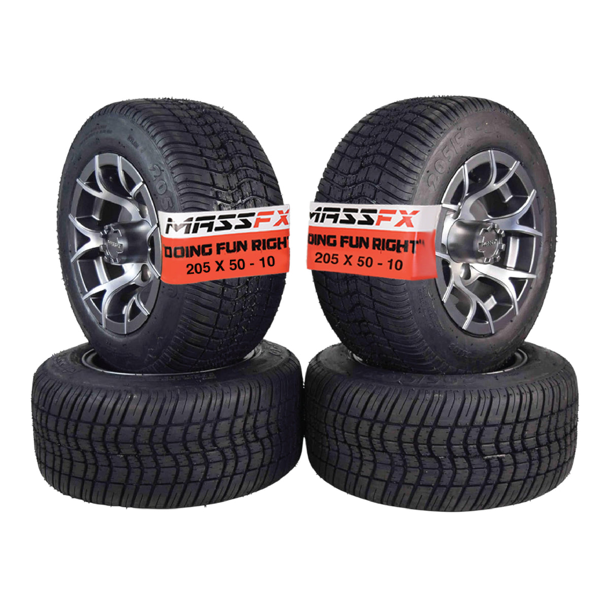 MASSFX SL 205/50-10 F/R Golf Cart Tire, PIT VIPER Grey Wheels 10x7 4/101.6 4pk