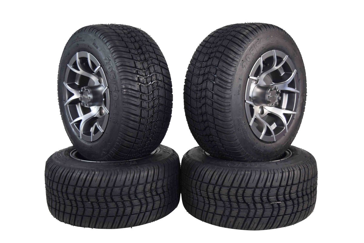 MASSFX SL 205/50-10 F/R Golf Cart Tire, PIT VIPER Grey Wheels 10x7 4/101.6 4pk