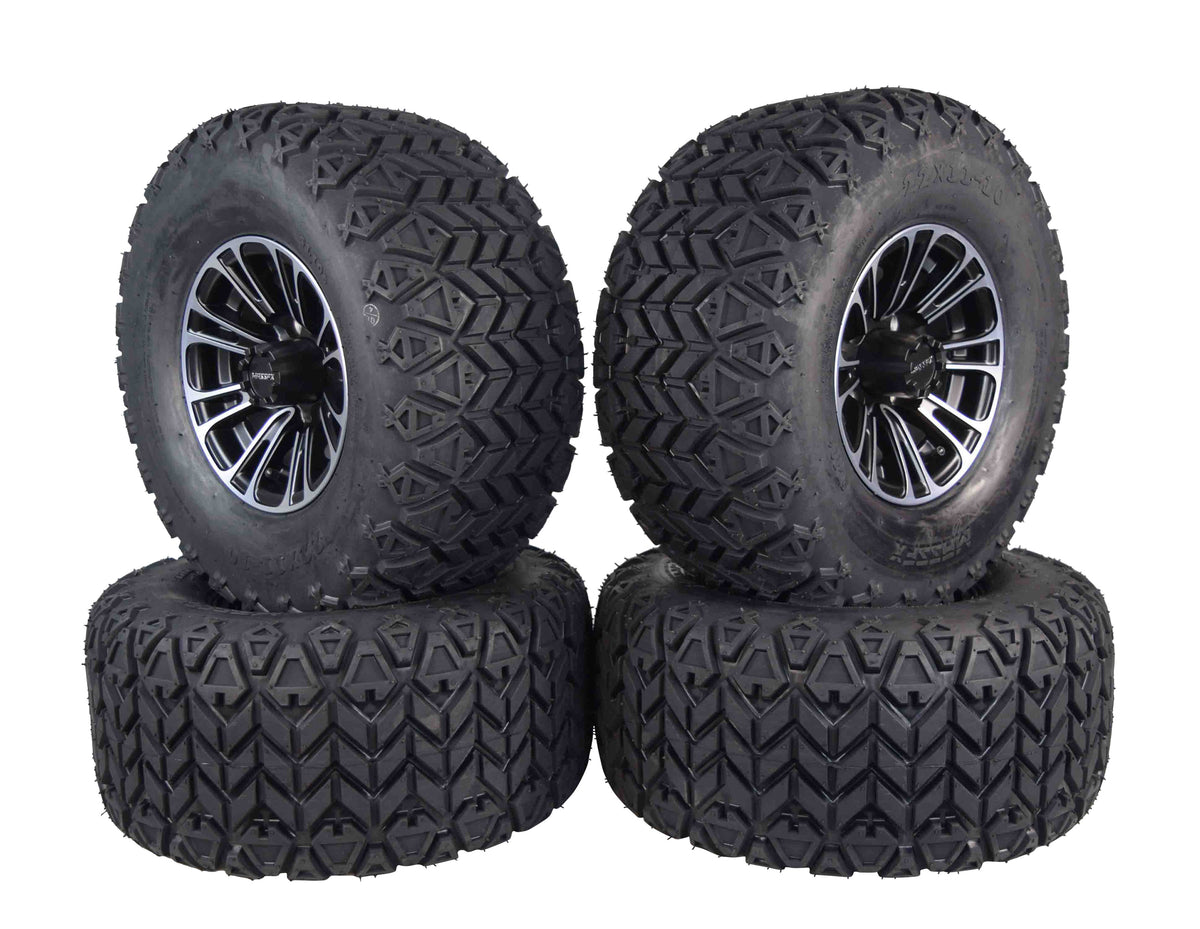 MASSFX SL 22x11-10 Front/Rear Golf Cart Tire, QUAKE Black Wheel 10x7 4/101.7 4pk