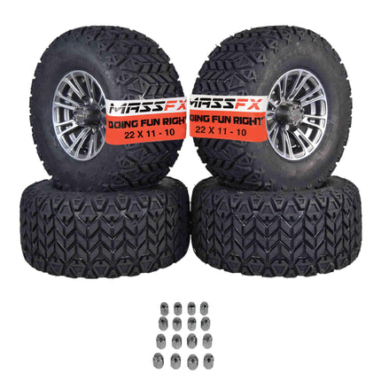 MASSFX SL 22x11-10 F/R Golf Cart, QUAKE 4 Gry Wheels 10x7 4/101.6 & 16 Chr Lugs