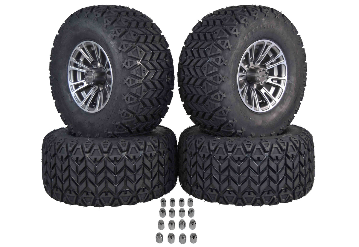 MASSFX SL 22x11-10 F/R Golf Cart, QUAKE 4 Gry Wheels 10x7 4/101.6 & 16 Chr Lugs