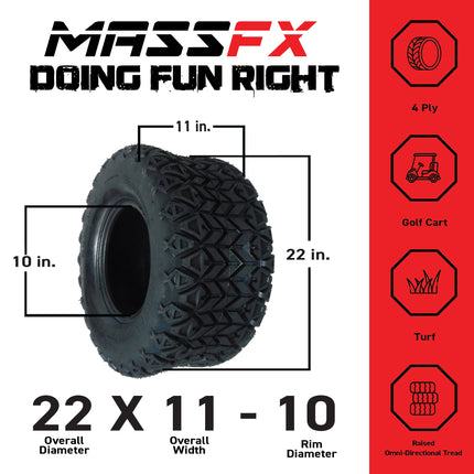 MASSFX SL 22x11-10 F/R Golf Cart, QUAKE 4 Gry Wheels 10x7 4/101.6 & 16 Chr Lugs