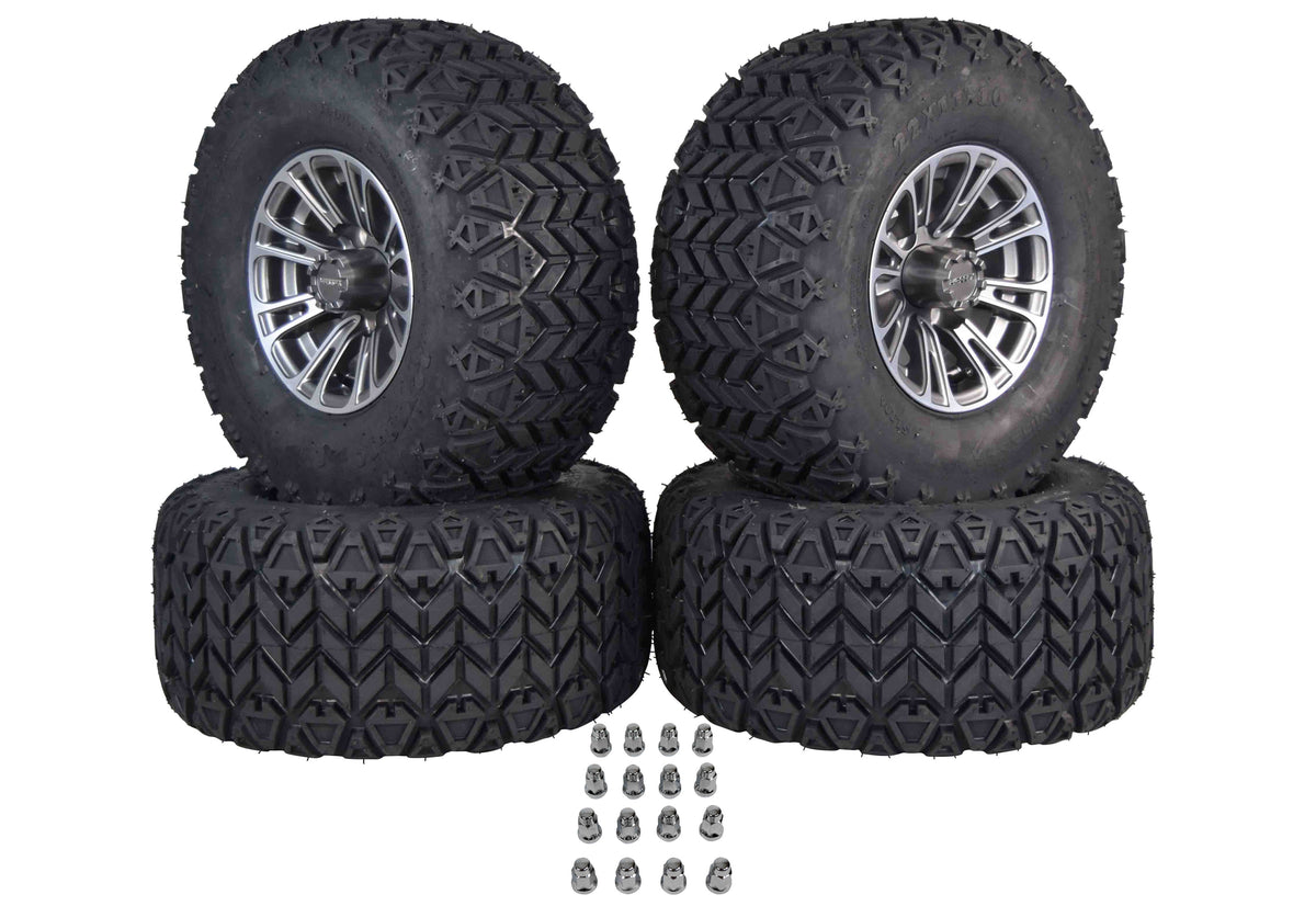 MASSFX SL 22x11-10 F/R Golf Cart, QUAKE 4 Gry Wheels 10x7 4/101.6 & 16 Chr Lugs