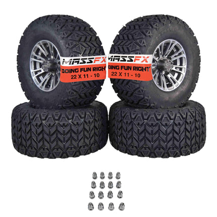 MASSFX SL 22x11-10 F/R Golf Cart, QUAKE 4 Gry Wheels 10x7 4/101.6 & 16 Chr Lugs