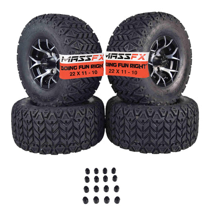 MASSFX SL 22x11-10 F/R Golf Cart, VIPER 4 Blk Wheels 10x7 4/101.6 & 16 Blk Lugs