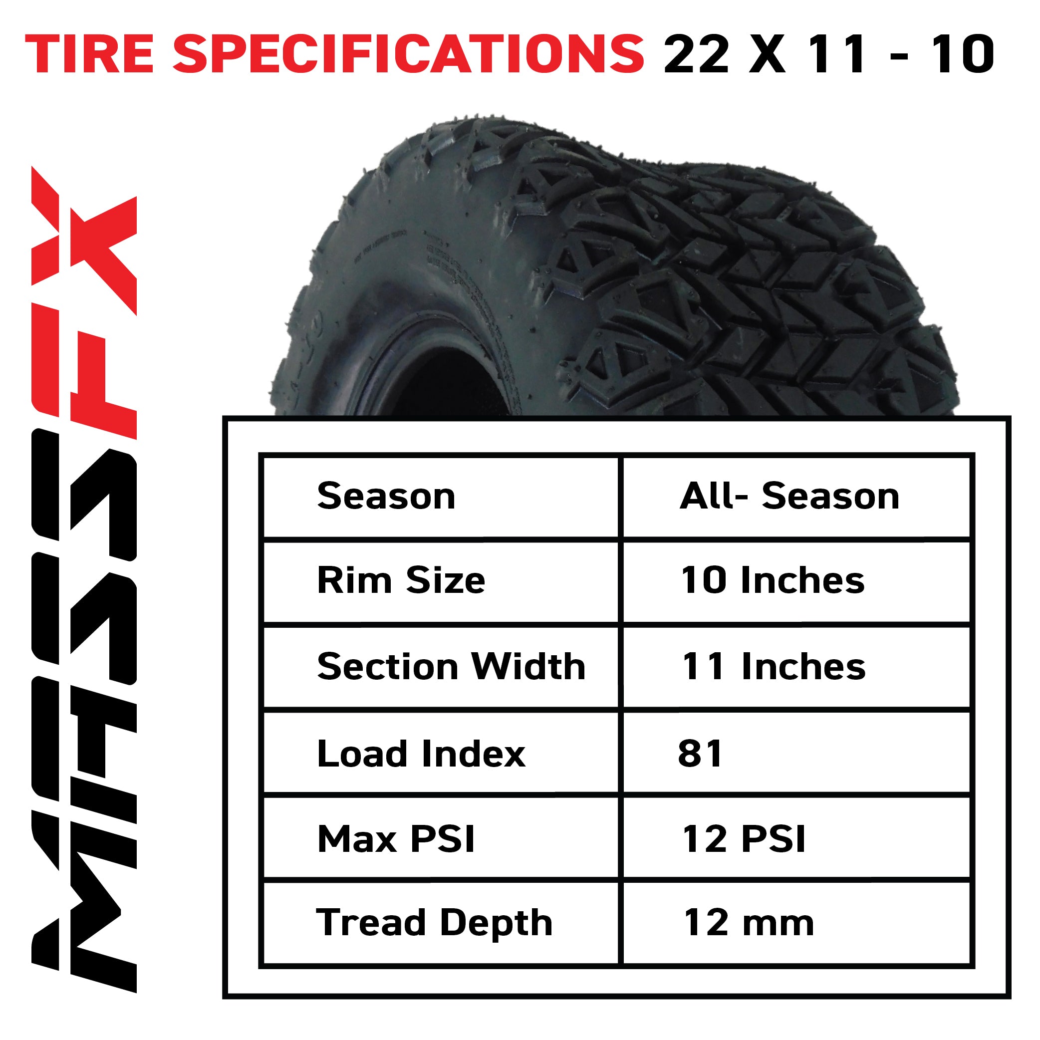 MASSFX SL 22x11-10 F/R Golf Cart, VIPER 4 Blk Wheels 10x7 4/101.6 & 16 Blk Lugs