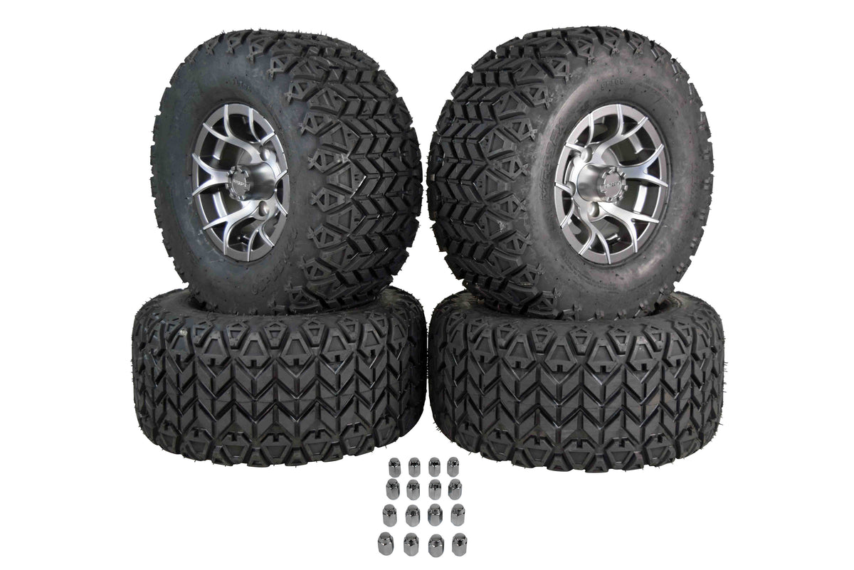 MASSFX SL 22x11-10 F/R Golf Cart, VIPER 4 GRY Wheels 10x7 4/101.6 & 16 Chr Lugs