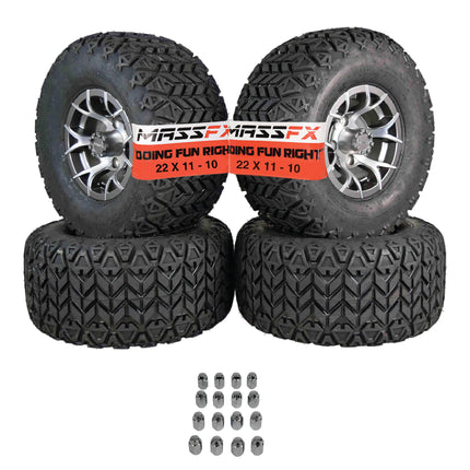MASSFX SL 22x11-10 F/R Golf Cart, VIPER 4 GRY Wheels 10x7 4/101.6 & 16 Chr Lugs