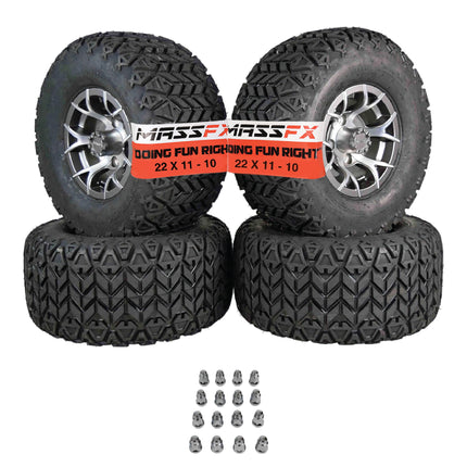 MASSFX SL 22x11-10 F/R Golf Cart, VIPER 4 GRY Wheels 10x7 4/101.6 & 16 Chr Lugs