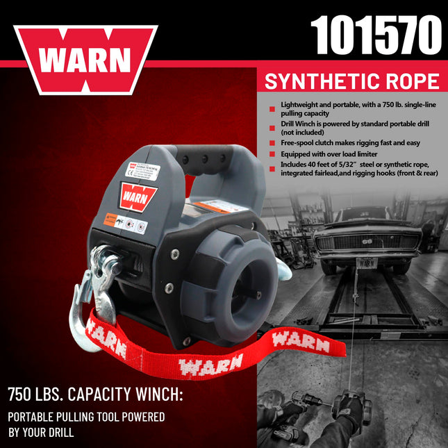 WARN Drill Winch – 750 lb Portable Pulling Winch with Synthetic Rope | Drill-Powered Operation | Lightweight, Compact Design with Hook & Controls | Ideal for Trailers, ATVs, UTVs.