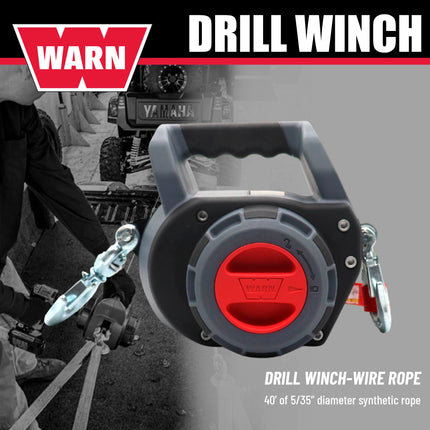 WARN Drill Winch – 750 lb Portable Pulling Winch with Synthetic Rope | Drill-Powered Operation | Lightweight, Compact Design with Hook & Controls | Ideal for Trailers, ATVs, UTVs.