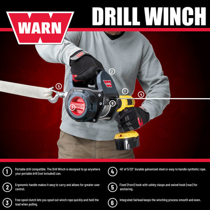 WARN Drill Winch – 750 lb Portable Pulling Winch with Synthetic Rope | Drill-Powered Operation | Lightweight, Compact Design with Hook & Controls | Ideal for Trailers, ATVs, UTVs.