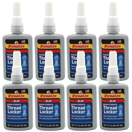 Dynatex Blue Medium Strength Threadlocker 1.69 oz Bottle - Removable with Hand Tools, Locks Fasteners on Metal, Vibration Resistant, Solvent Resistant (8-Pack)
