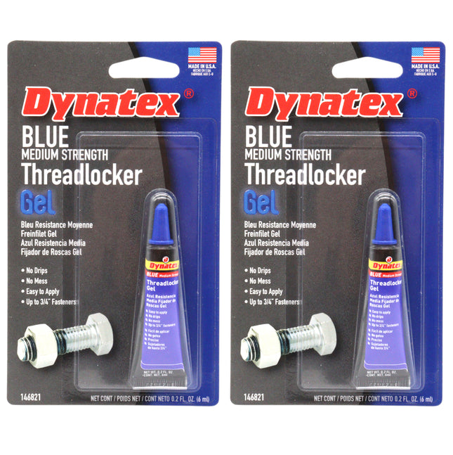 Dynatex Blue Medium Strength Gel Threadlocker 0.20 oz Bottle - Removable with Hand Tools, Locks Fasteners on Metal, Vibration Resistant, Solvent Resistant (2-Pack)