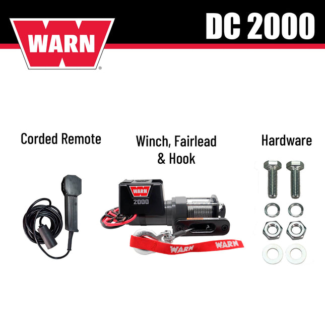 WARN 2000 DC 12V Electric Winch, 2000 lb Pulling Capacity | Steel Cable, Hook & Corded Remote | Portable, Compact Power for trailers, ATVs, Workshops, and General Utility Lifting & Pulling