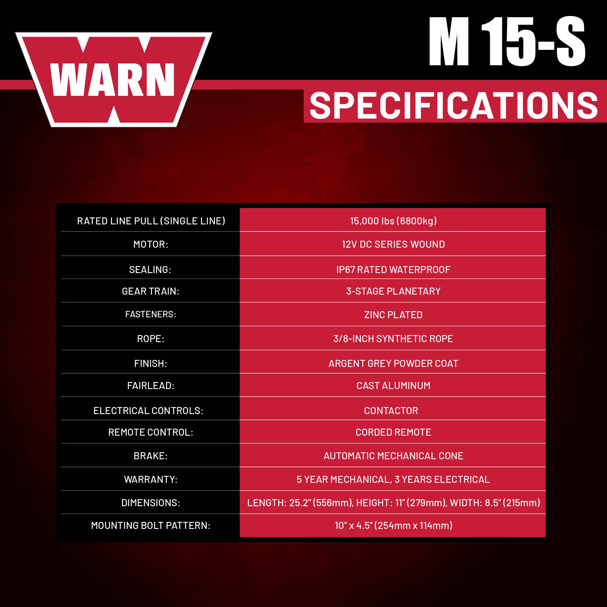 WARN 97730 M15-S Electric 12V Heavyweight Winch with Spydura Synthetic Cable Rope: 3/8" Diameter x 80' Length, 7.5 Ton (15,000 lb) Pulling Capacity