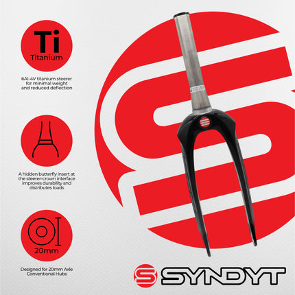 Syndyt SPP Supersized Ultra-High Modulus Carbon Fiber Pro Forks - Black Titanium (20 inch) - Fork Offset: 32 mm,  1‑1/8″ steerer tapering to 1.5″ Titanium Steerer Extruded and CNC‑Machined