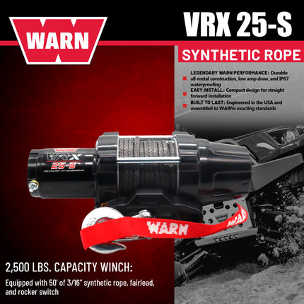 WARN VRX 25-S Powersport Winch – 2,500 lb Pulling Capacity, Synthetic Rope, Sealed Motor, All-Metal Gear Train, Waterproof Design for ATV/UTV Recovery and Trail Riding