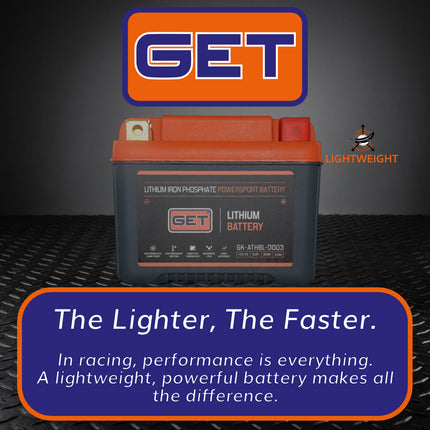 GET High Performance Lithium Motorcycle Battery, 12.8V 2.5Ah, 175 A CCA, Lightweight Powersports Battery for Dirt Bikes, Enduro & Motocross, IP54 Water Resistant (GK-ATHBL-0003)