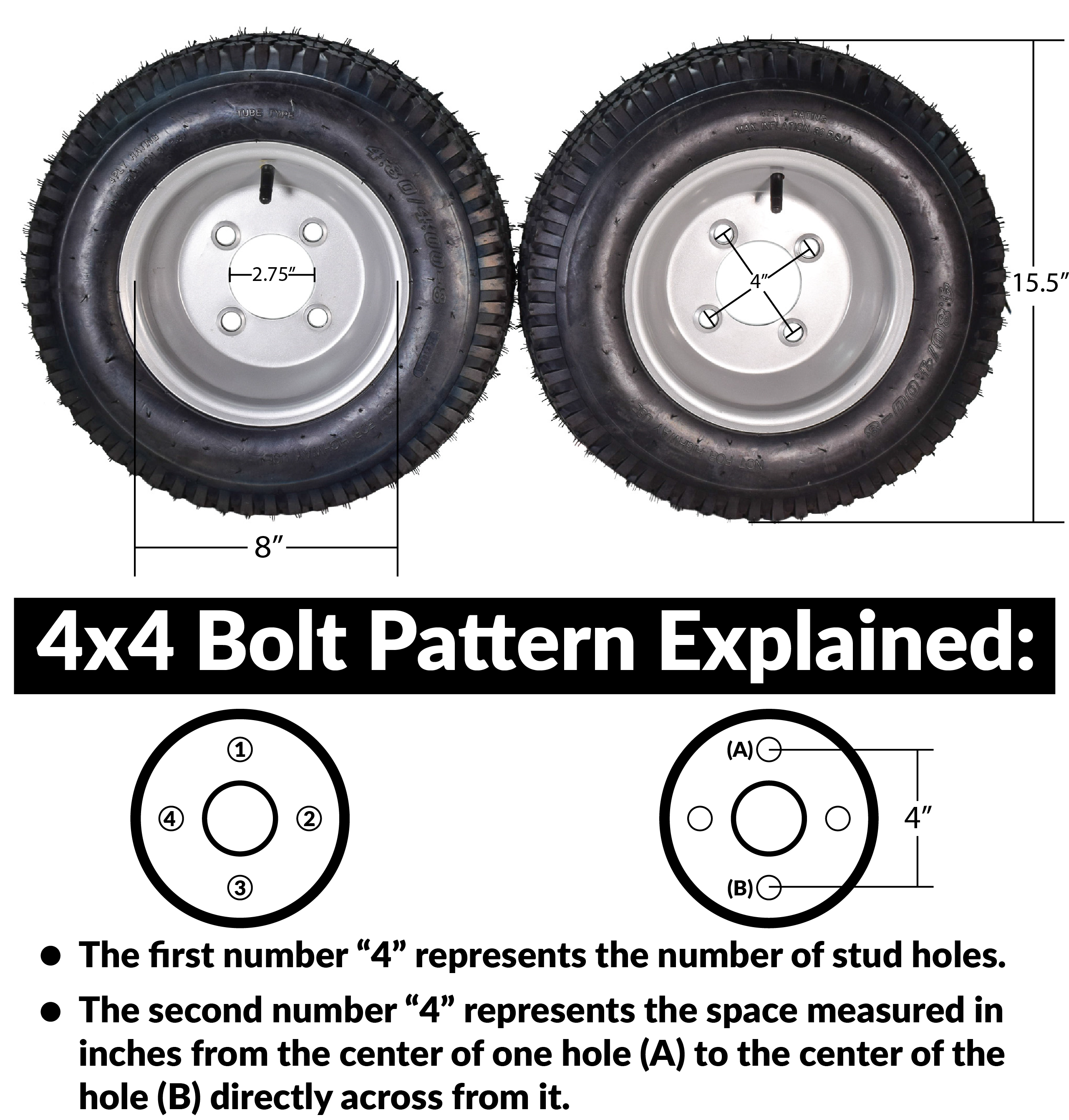 MASSFX 4.80/4.00-8 4 Ply Pre-Mounted 4x4 Bolt Tubeless Trailer Tire (Single)