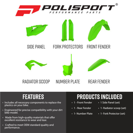 Polisport MX Plastic Restyling Kit – Fits Kawasaki KX450F 2019–2023 – Modern 24?Style Bodywork with Fenders, Radiator Scoops, Side Panels, Number Plate & Fork Guards – Green