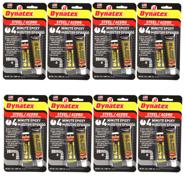 Dynatex 4 Minute Steel Epoxy Adhesive 2 oz - Fast Set, Steel-Like Cure, Bonds & Repairs Metal Wood Masonry, Drillable Sandable (8-Pack)
