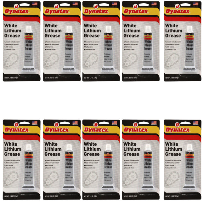 Dynatex White Lithium Grease 1 oz Tube - Multi-Purpose Lubricant for Automotive, Garage Doors, Hinges, Chains, Latches (10-Pack)