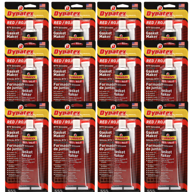 Dynatex Red Hi-Temp RTV Silicone Gasket Maker 3 oz Tube - Oxygen Sensor Safe, OEM Specs, 650 Degrees F Hi-Temp, Oil/Water Resistant, Made in the USA (12-Pack)