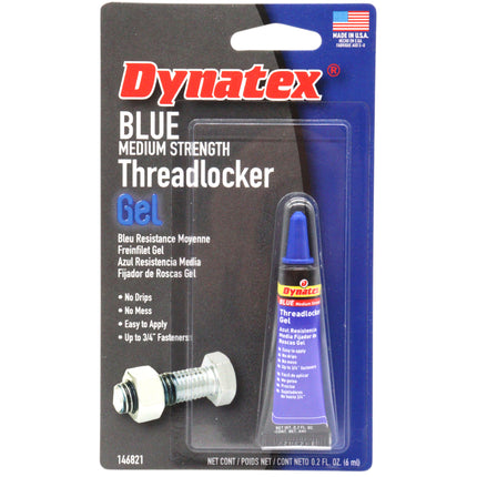Dynatex Blue Medium Strength Gel Threadlocker 0.20 oz Bottle - Removable with Hand Tools, Locks Fasteners on Metal, Vibration Resistant, Solvent Resistant (Single)
