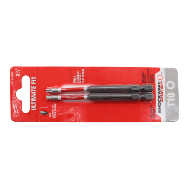 Milwaukee Shockwave Impact Duty 3-1/2" T10 Torx Impact Driver Bits – 2-Pack| Custom Alloy76™ Steel, Shockzone™ Torque Absorption, Wear Guard™ Tip, Impact-Rated Bit Set