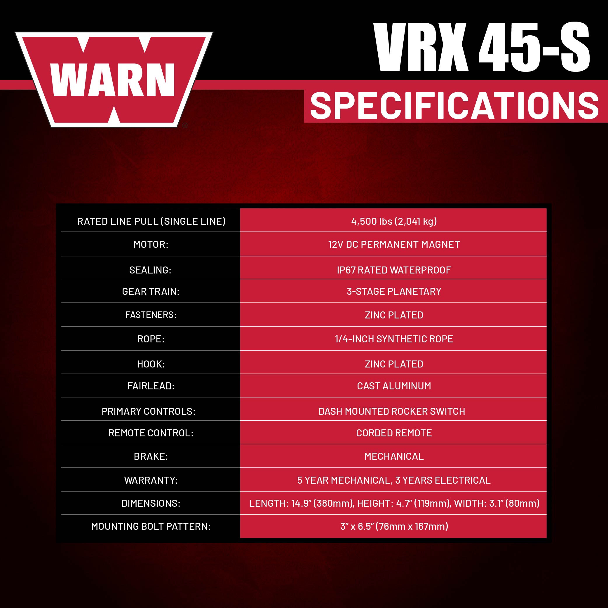 WARN VRX 45-S Powersport Winch – 4,500 lb Pulling Capacity, Synthetic Rope, Sealed Motor, All-Metal Gear Train, Waterproof Construction for ATV/UTV Recovery, Trail Riding & Utility Work